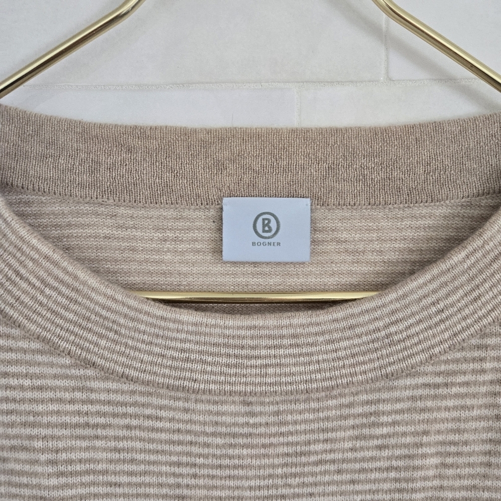 Bogner 100% Cashmere Wool Knit Short-Sleeve Striped Sweater Top Beige Cream Tan - Picture 3 of 10